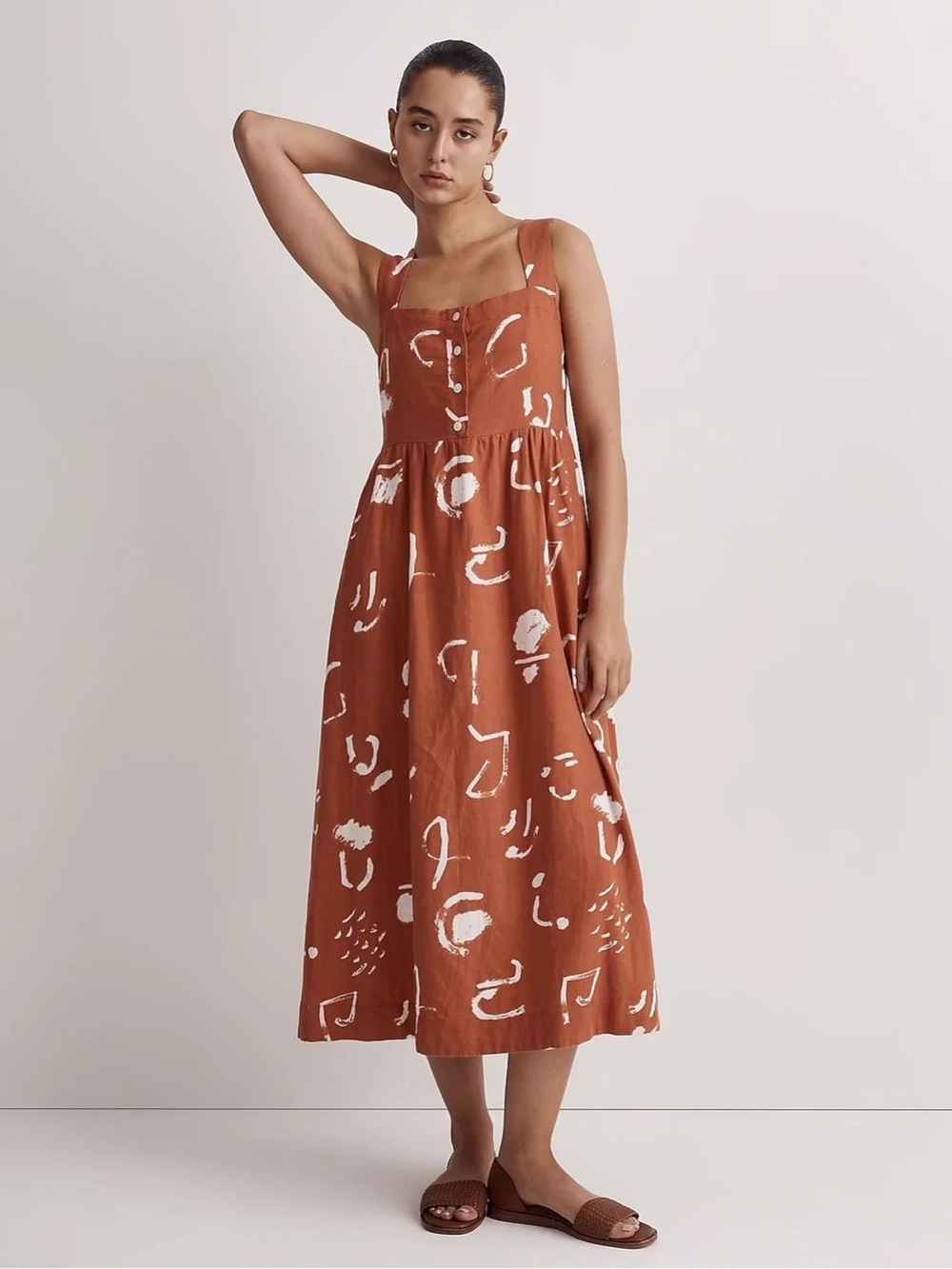 Madewell x Caroline Z Hurley linen blend smocked midi dress with pockets XS